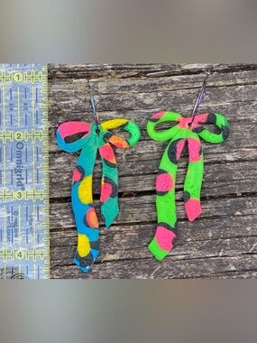 Handcrafted Neon Polka Dot Bow  Earrings - Bright Blue & Green